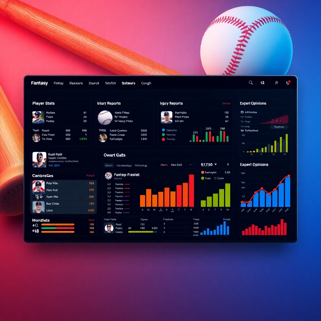 A digital dashboard displaying an organized grid of various fantasy baseball resources, with sections for player stats, injury reports, and expert opinions, set in a vibrant and user-friendly design. Incorporate baseball imagery like bats and balls, along with charts and graphs showcasing statistics.