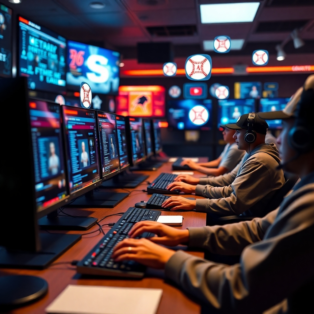 A vibrant online community forum where fantasy baseball players engage with each other through chatrooms. Depict users typing on computers with graphics of baseball symbols around them, highlighting collaboration and sharing of ideas in a lively digital environment.