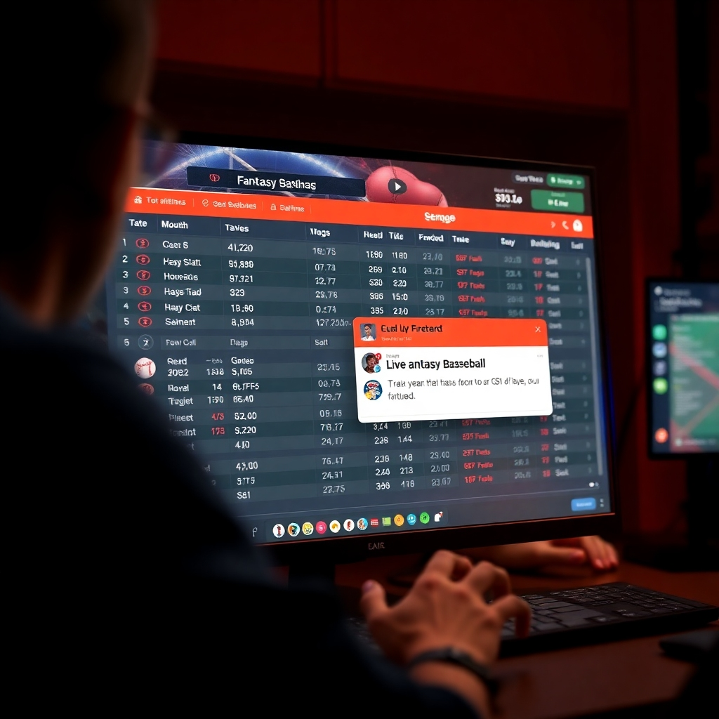 An animated scene showing live fantasy baseball game stats being updated in real-time on a computer screen. Show a user engaged with the dashboard, with notifications popping up about trades and player injuries, emphasizing the excitement and urgency of live sports.